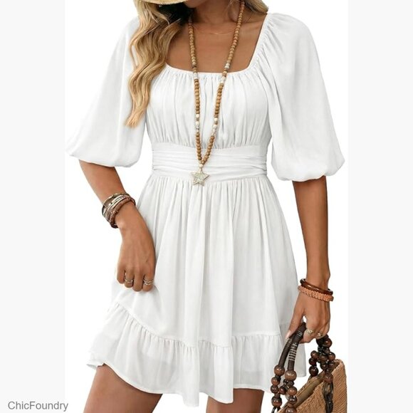 Dresses & Skirts - Square Neck Tie Back Lantern Sleeve Ruffle A-Line Casual Summer Dress